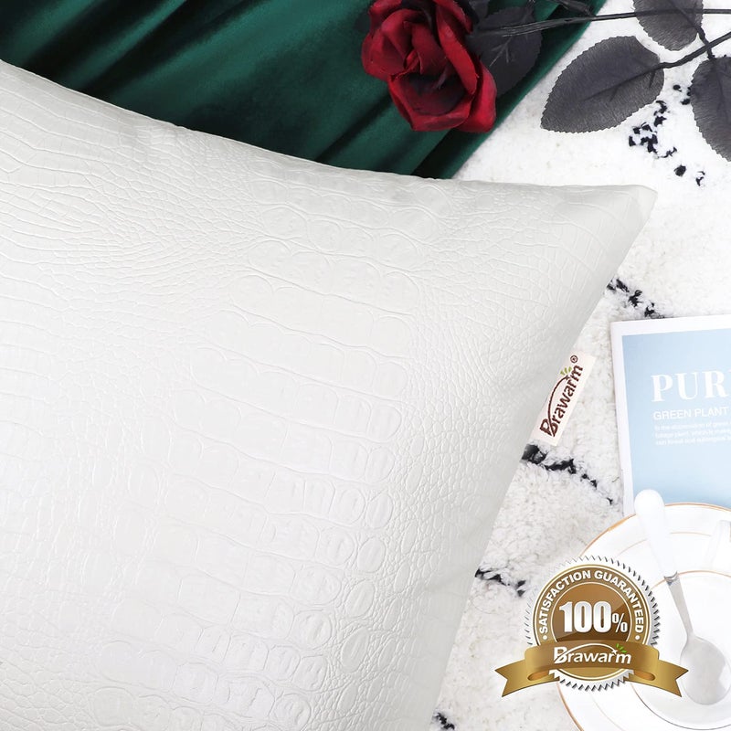 BRAWARM Faux Leather Pillow Covers 18 X 18 Inches, White Leather Pillow Covers Pack of 2, Crocodile Leather Decorative Throw Pillows for Living Room Couch Bed Sofa Home - Image 5